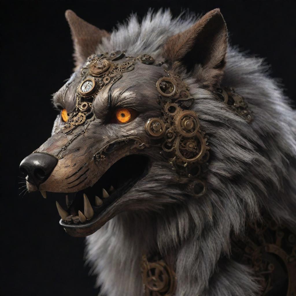 A steampunk lobo or wolf animatronic, with intricate gears and mechanical details visible under a metalic fur exterior. Eyes glowing with a fierce intelligence.