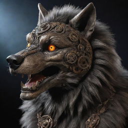 A steampunk lobo or wolf animatronic, with intricate gears and mechanical details visible under a metalic fur exterior. Eyes glowing with a fierce intelligence.