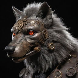 A steampunk lobo or wolf animatronic, with intricate gears and mechanical details visible under a metalic fur exterior. Eyes glowing with a fierce intelligence.