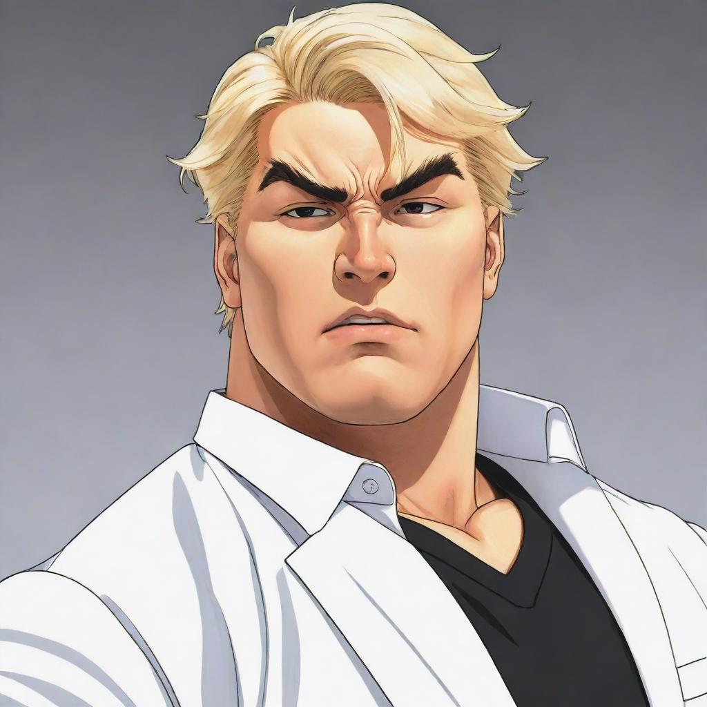 A manga-style illustration of a stocky blonde man, garbed in contemporary attire, exhibiting an air of toughness.