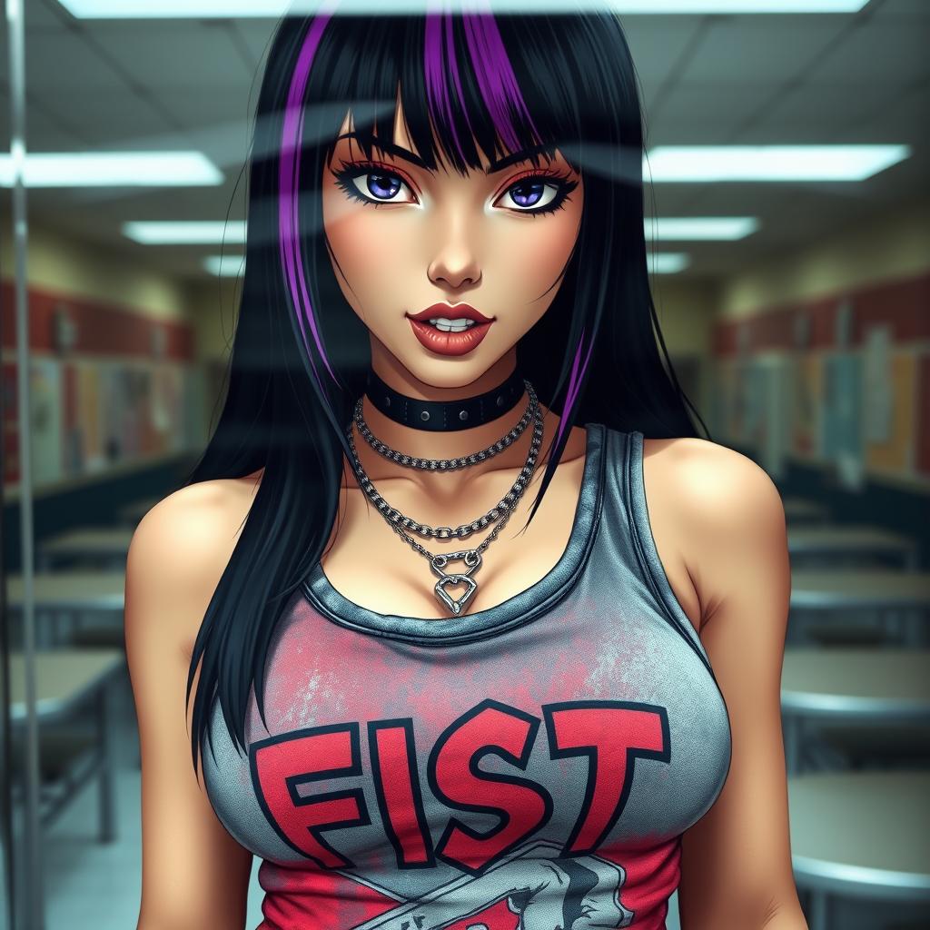 A close-up view from behind a reinforced plexiglass window, focusing on the torso of a stunning female character with long black hair featuring a vibrant purple stripe