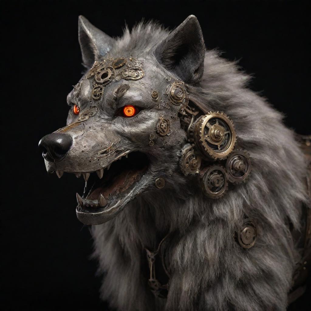 A steampunk lobo or wolf animatronic, with intricate gears and mechanical details visible under a metalic fur exterior. Eyes glowing with a fierce intelligence.