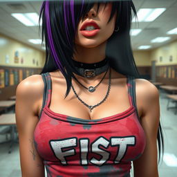 A close-up view from behind a reinforced plexiglass window, focusing on the torso of a stunning female character with long black hair featuring a vibrant purple stripe