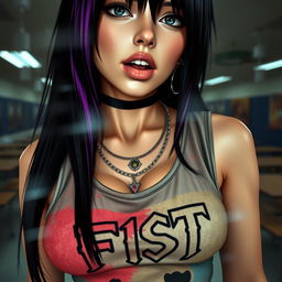 A close-up view from behind a reinforced plexiglass window, focusing on the torso of a stunning female character with long black hair featuring a vibrant purple stripe