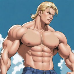 A manga-style illustration of a stocky blonde man, garbed in contemporary attire, exhibiting an air of toughness.