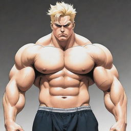 A manga-style illustration of a stocky blonde man, garbed in contemporary attire, exhibiting an air of toughness.