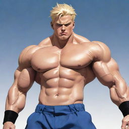 A manga-style illustration of a stocky blonde man, garbed in contemporary attire, exhibiting an air of toughness.