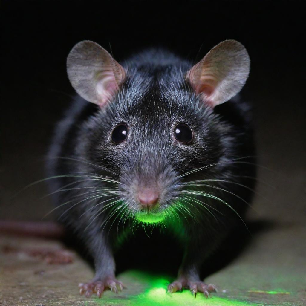 A black female rat, radiating a neon green glow indicative of radioactivity, with its fur notably disheveled and eyes wild, clear symptoms of rabies disease.