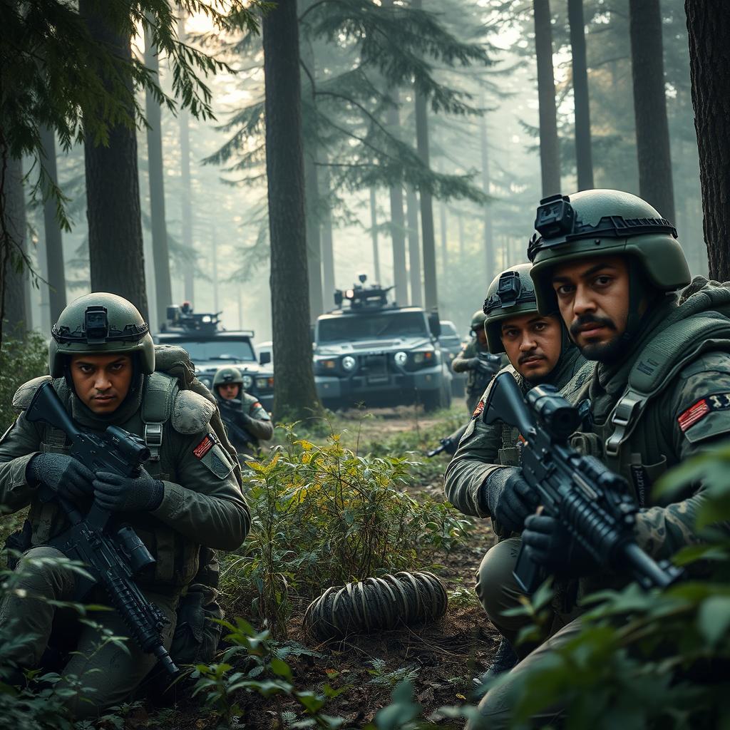 A detailed military scene featuring soldiers in tactical gear, engaged in a strategic operation in a dense forest