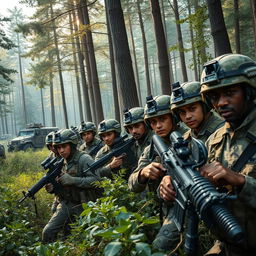 A detailed military scene featuring soldiers in tactical gear, engaged in a strategic operation in a dense forest