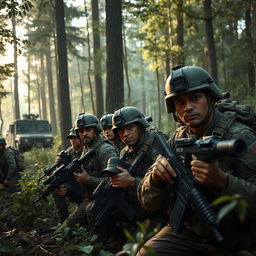 A detailed military scene featuring soldiers in tactical gear, engaged in a strategic operation in a dense forest