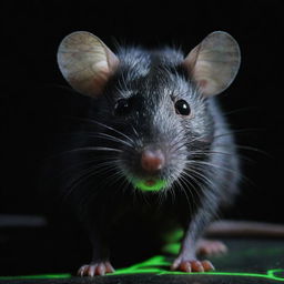 A black female rat, radiating a neon green glow indicative of radioactivity, with its fur notably disheveled and eyes wild, clear symptoms of rabies disease.