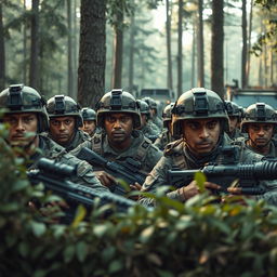 A detailed military scene featuring soldiers in tactical gear, engaged in a strategic operation in a dense forest