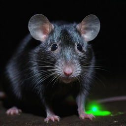 A black female rat, radiating a neon green glow indicative of radioactivity, with its fur notably disheveled and eyes wild, clear symptoms of rabies disease.