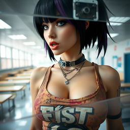 A close-up view from behind a reinforced plexiglass window, focusing on the chest and torso of a gorgeous female character