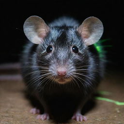 A black female rat, radiating a neon green glow indicative of radioactivity, with its fur notably disheveled and eyes wild, clear symptoms of rabies disease.