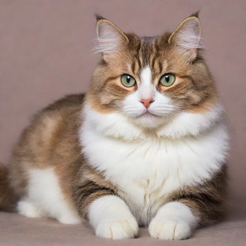 A cute cat with fluffy fur, brightly colored eyes and a curled tail, sitting comfortably.