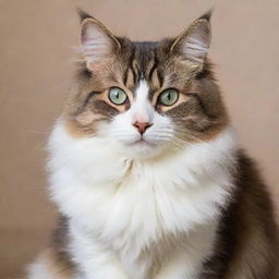 A cute cat with fluffy fur, brightly colored eyes and a curled tail, sitting comfortably.