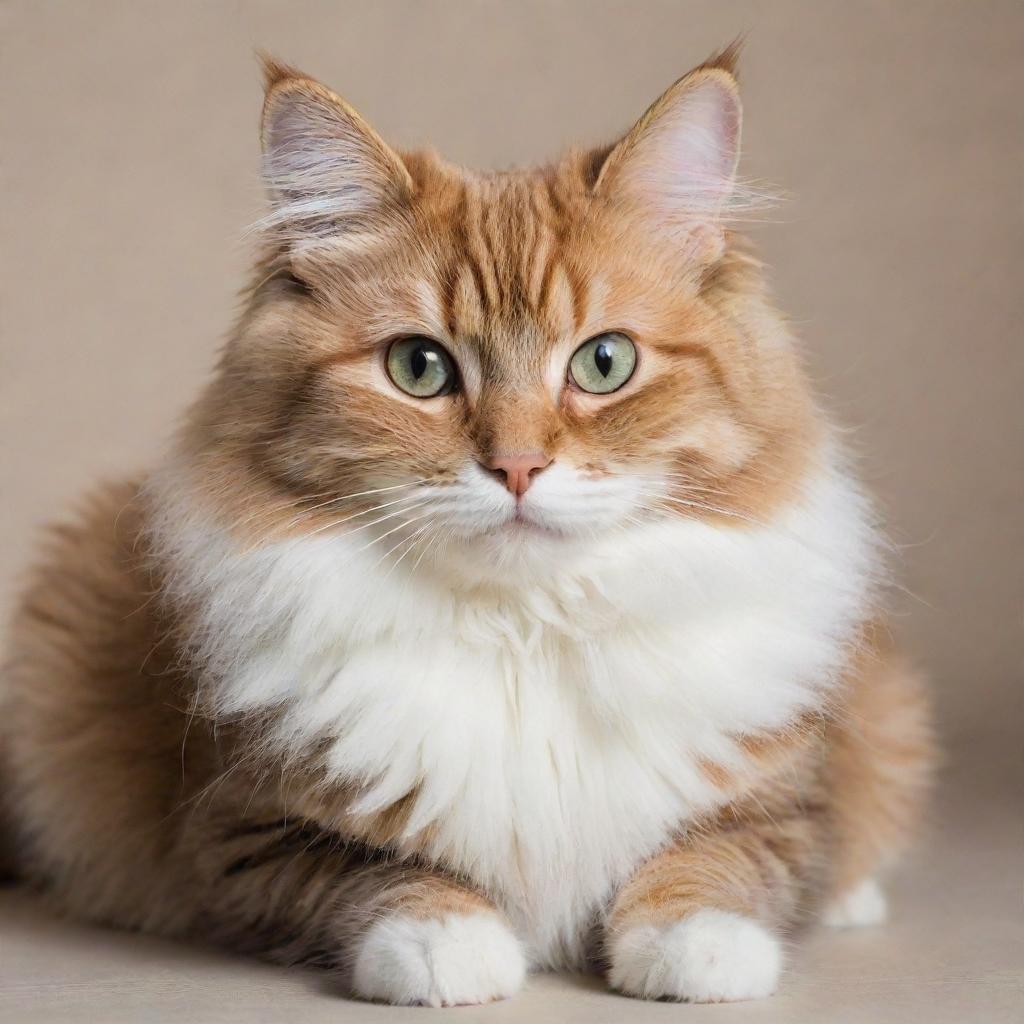 A cute cat with fluffy fur, brightly colored eyes and a curled tail, sitting comfortably.