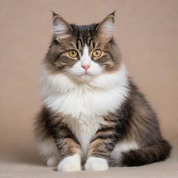 A cute cat with fluffy fur, brightly colored eyes and a curled tail, sitting comfortably.