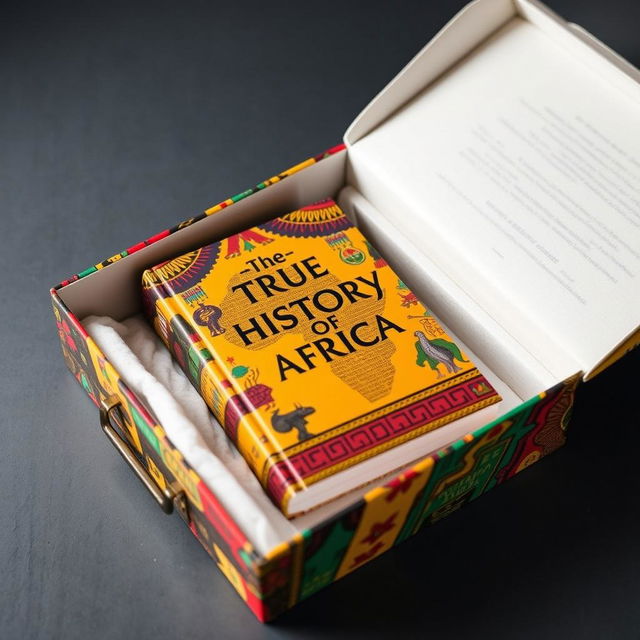 A beautifully designed box to transport a book titled 'The True History of Africa'