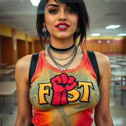 A close-up view from behind a reinforced plexiglass window focusing on the chest and torso of a gorgeous female with black hair