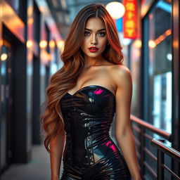 A stunning woman dressed in a tight, shiny black latex corset, showcasing her curves beautifully