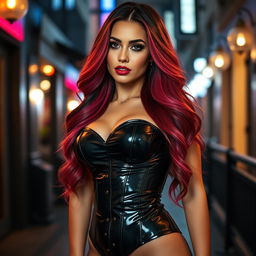 A stunning woman dressed in a tight, shiny black latex corset, showcasing her curves beautifully