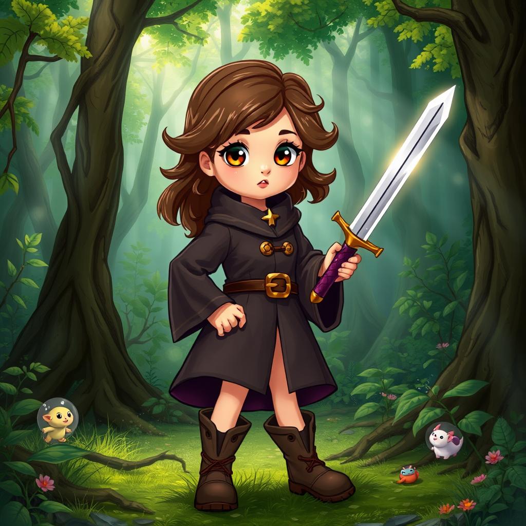 A young brunette girl with expressive brown eyes, dressed in a student magician's outfit, standing confidently in a mystical forest