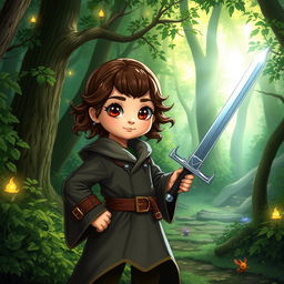 A young brunette girl with expressive brown eyes, dressed in a student magician's outfit, standing confidently in a mystical forest