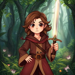 A young brunette girl with expressive brown eyes, dressed in a student magician's outfit, standing confidently in a mystical forest