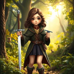 A young brunette girl with captivating brown eyes, dressed in a stylish student magician's outfit, confidently stands in a mystical forest