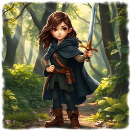 A young brunette girl with captivating brown eyes, dressed in a stylish student magician's outfit, confidently stands in a mystical forest