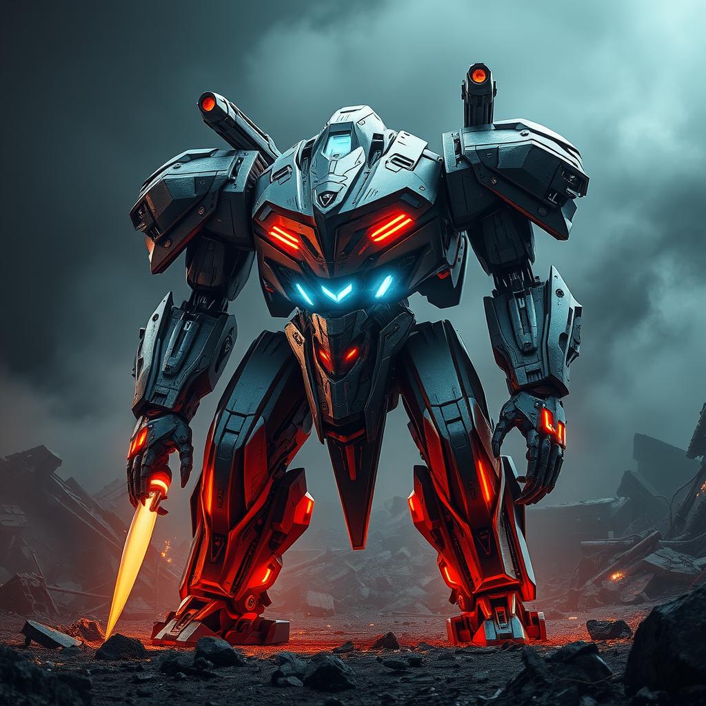 An impressive and menacing battle robot, designed with an intricate, futuristic metallic exterior that showcases advanced technology