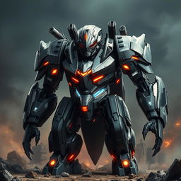 An impressive and menacing battle robot, designed with an intricate, futuristic metallic exterior that showcases advanced technology