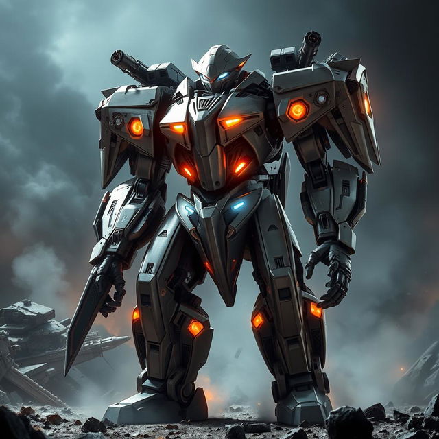 An impressive and menacing battle robot, designed with an intricate, futuristic metallic exterior that showcases advanced technology