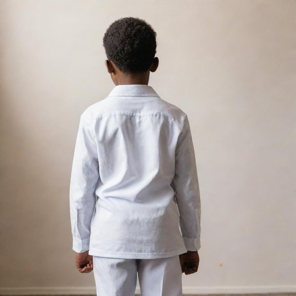 A poignant depiction of an African American boy dressed in white, standing with his back turned to us, a sense of mystery and curiosity surrounding him.