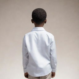 A poignant depiction of an African American boy dressed in white, standing with his back turned to us, a sense of mystery and curiosity surrounding him.