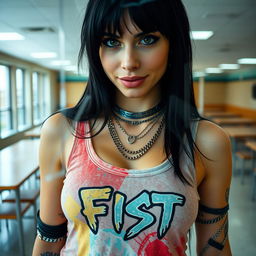 A close-up shot from behind reinforced plexiglass, focusing on the torso of a gorgeous female with long black hair