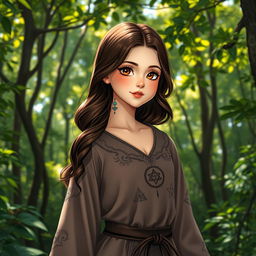 A 20-year-old brunette girl with enchanting brown eyes, dressed in a mystical magician's outfit, standing gracefully in a lush forest