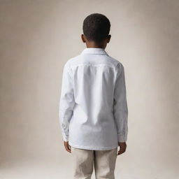 A poignant depiction of an African American boy dressed in white, standing with his back turned to us, a sense of mystery and curiosity surrounding him.