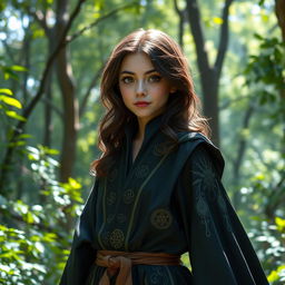 A 20-year-old brunette girl with enchanting brown eyes, dressed in a mystical magician's outfit, standing gracefully in a lush forest