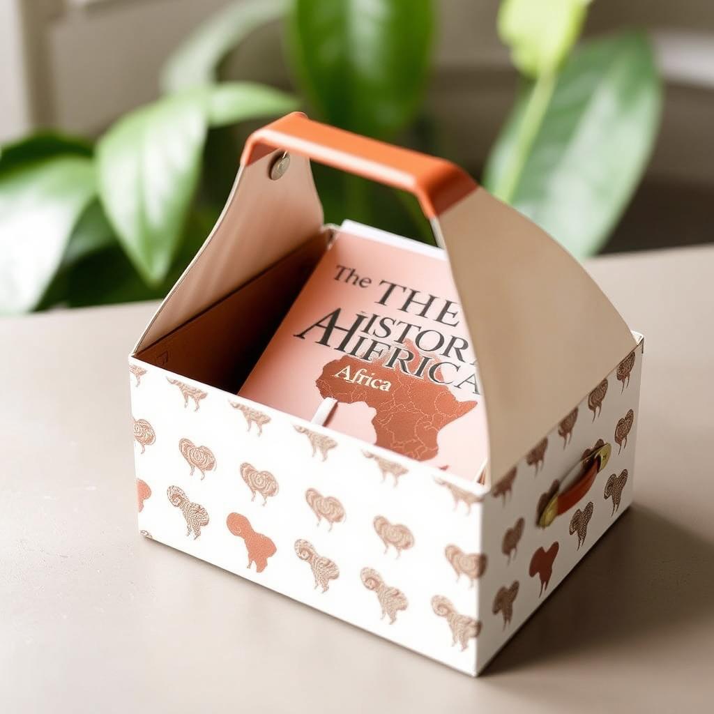 A lightweight and easy-to-carry box designed for transporting a book titled 'The True History of Africa'