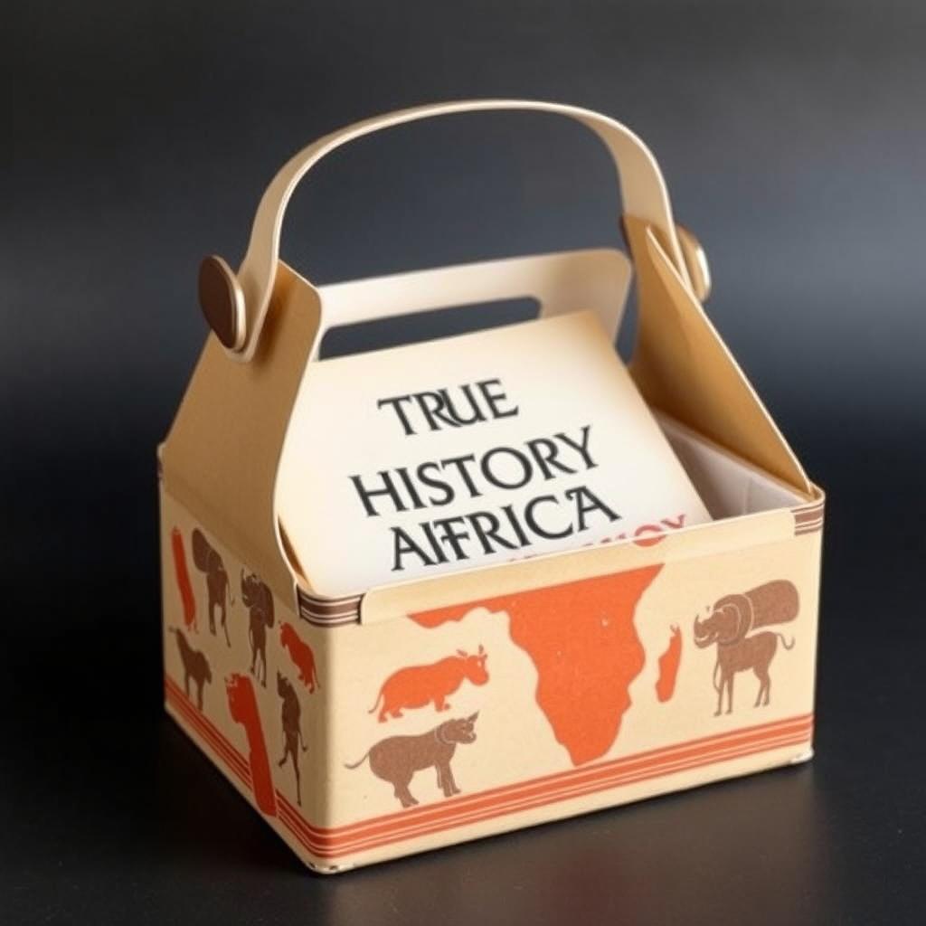 A lightweight and easy-to-carry box designed for transporting a book titled 'The True History of Africa'