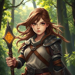 A 20-year-old brunette girl with striking brown eyes, depicted as a fierce battle mage, stands poised in a mystical forest