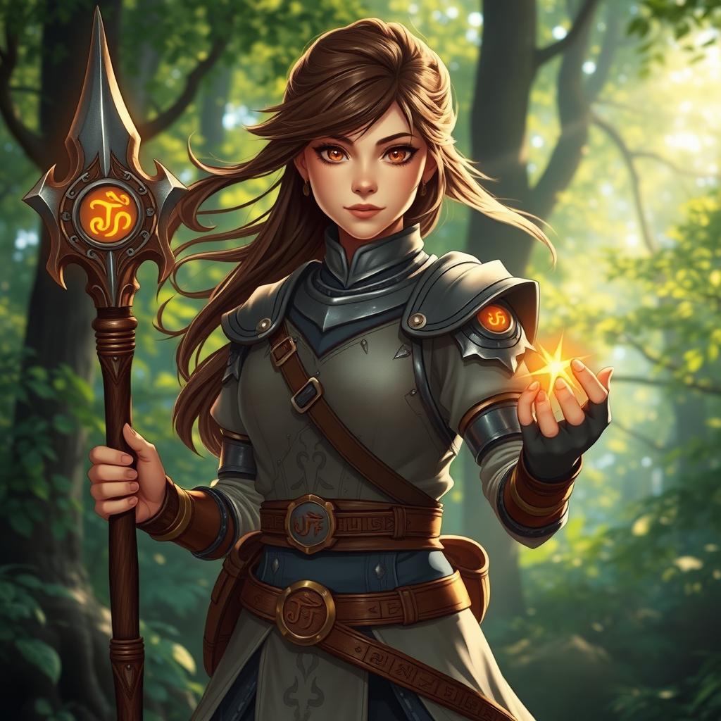 A 20-year-old brunette girl with striking brown eyes, depicted as a fierce battle mage, stands poised in a mystical forest