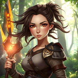 A 20-year-old brunette girl with striking brown eyes, depicted as a fierce battle mage, stands poised in a mystical forest