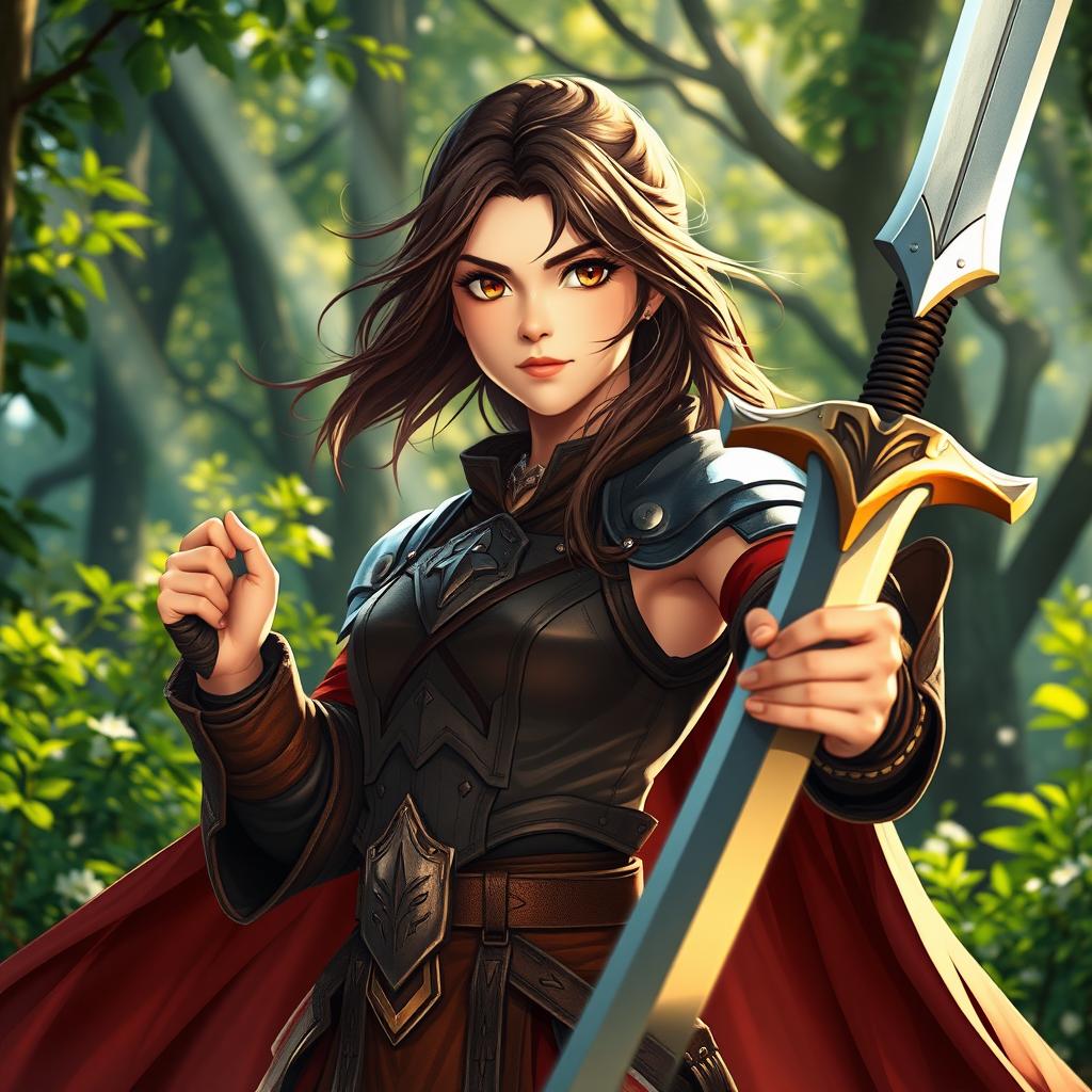 A 20-year-old brunette girl with striking brown eyes, portrayed as a fierce battle mage, standing confidently in a vibrant forest