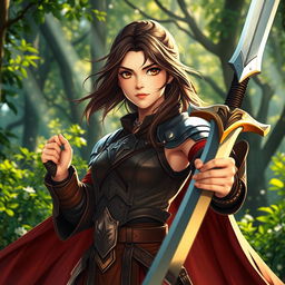 A 20-year-old brunette girl with striking brown eyes, portrayed as a fierce battle mage, standing confidently in a vibrant forest