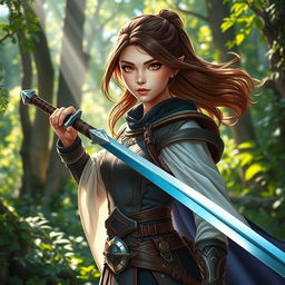 A 20-year-old brunette girl with striking brown eyes, portrayed as a fierce battle mage, standing confidently in a vibrant forest